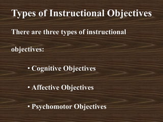 Types of Instructional Objectives
There are three types of instructional
objectives:
• Cognitive Objectives
• Affective Objectives
• Psychomotor Objectives
 