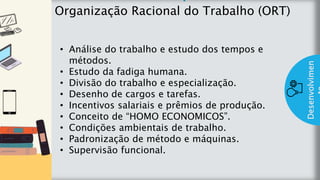 z
Introduç
ão
Organização Racional do Trabalho (ORT)
Desenvolvimen
• Análise do trabalho e estudo dos tempos e
métodos.
• Estudo da fadiga humana.
• Divisão do trabalho e especialização.
• Desenho de cargos e tarefas.
• Incentivos salariais e prêmios de produção.
• Conceito de “HOMO ECONOMICOS”.
• Condições ambientais de trabalho.
• Padronização de método e máquinas.
• Supervisão funcional.
 