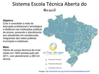 Sistema Escola Técnica Aberta do Brasil Objetivo: Criar e consolidar a rede de educação profissional e tecnológica a distância nas instituições públicas de ensino, prevendo o atendimento aos estudantes em escolas-polo, integrantes das redes públicas municipais e estaduais. Meta: Oferta de cursos técnicos de nível médio em 1000 escolas-polo até 2011, com atendimento a 200 mil alunos. Imagem:  http://mecsrv04.mec.gov.br/encontro/includes/distancia.html   