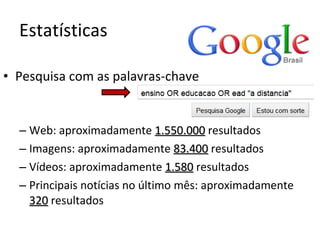 Pesquisa com as palavras-chave Web: aproximadamente  1.550.000   resultados Imagens: aproximadamente  83.400   resultados Vídeos: aproximadamente  1.580   resultados Principais notícias no último mês:  aproximadamente  320   resultados Estatísticas 