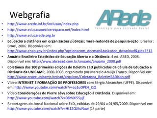Webgrafia http://www.arede.inf.br/inclusao/index.php http://www.educacaoeciberespaco.net/index.html http://www.educarede.org.br   Educação a distância em organizações públicas; mesa-redonda de pesquisa-ação . Brasília : ENAP, 2006. Disponível em:  http://www.enap.gov.br/index.php?option=com_docman&task=doc_download&gid=2312 Anuário Brasileiro Estatístico de Educação Aberta e a Distância . 4 ed. ABED, 2008. Disponível em:  http://www.abraead.com.br/anuario/anuario_2008.pdf Coletânea das 100 primeiras edições do Boletim EaD publicados da Célula de Educação a Distância da UNICAMP , 2000-2008. organizado por Marcelo Araújo Franco. Disponível em:  http://www.ccuec.unicamp.br/ead/arquivos/Coletanea_BoletimEADisbn.pdf   Vídeo  INTERNET E FORMAÇÃO DE PROFESSORES  com Sérgio Abranches (UFPE). Disponível em:  http://www.youtube.com/watch?v=cq1uOPE4_QQ Vídeo  Considerações de Pierre Lévy sobre Educação à Distância . Disponível em:  http://www.youtube.com/watch?v=08rVXi55yjE   Reportagens do Jornal Nacional sobre EaD, exibidas de 29/04 a 01/05/2009. Disponível em:  http://www.youtube.com/watch?v=Ht12QJKuNuw  (1ª parte) 
