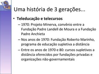 Teleducação e telecursos 1970: Projeto Minerva, convênio entre a Fundação Padre Landell de Moura e a Fundação Padre Anchieta Nos anos de 1970: Fundação Roberto Marinho, programa de educação supletiva a distância Entre os anos de 1970 e 80: cursos supletivos a distância oferecidos por fundações privadas e organizações não-governamentais Uma história de 3 gerações... 