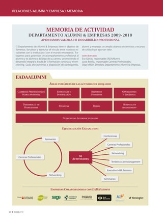 relaciones alumni y empresa / memoria




                                    MEMORIA DE ACTIVIDAD
                  DEPARTAMENTO ALUMNI & EMPRESAS 2009-2010
                               aportamos valor a tu desarrollo profesional
      El Departamento de Alumni & Empresas tiene el objetivo de                                                         alumni y empresas un amplio abanico de servicios y recursos
      fomentar, fortalecer y estrechar el vínculo entre nuestros es-                                                    de calidad que aportan valor.
      tudiantes con la institución y con el mundo empresarial. Tra-
      bajamos para garantizar un acompañamiento profesional al                                                          contáctanos:
      alumno y ex alumno a lo largo de su carrera, promoviendo el                                                       Eva García, responsable EADAAlumni.
      desarrollo integral a través de la formación continua y el net-                                                   Luisa Bonilla, responsable Carreras Profesionales.
      working. Cada año ponemos a disposición de participantes,                                                         Olga Milián, Directora Departamento Alumni & Empresas.




      eadaalumni
                                       Áreas temáticas de las actividades 2009-2010

        Carreras Profesionales                 Estrategia e                                                                                          Recursos                                                       Operaciones
           Marca personal                      Innovacción                                                                                           Humanos                                                         y Logística



             Desarrollo de                                                                                                                                                                                          Hospitality
                                                 Finanzas                                                                                              Retail
              Habilidades                                                                                                                                                                                           management



                                                           Networking Interdisciplinario



                                                        Ejes de acción Eadaalumni

                                                                                                                                                                                     conferencias
                                   formación

                                                                                                                        arts 41. Un nuevo espacio exclusivo para la celebración de eventos     carreras profesionales
                                                                                                                        Con unas excepcionales vistas panorámicas a la ciudad de Barcelona y al mar
                                                                                                                        Mediterráneo, las plantas 40 y 41 del Hotel Arts Barcelona se convierten en
                                                                                                                        un espacio único dedicado exclusivamente a la celebración de eventos.
                                                                                                                        Este nuevo espacio, situado a 150 metros de altura, es un lugar privilegiado
                                                                                                                        en la ciudad para celebrar conferencias, congresos, reuniones o acoger todo
                                                                                                                        tipo de eventos de tipo empresarial o privados.                                    networking
        carreras profesionales
                                                                                                55arts 41.                           Exclusive new space to celebrate your meetings and special events
                                                                                           Actividades                  With exceptional panoramic views of the city of Barcelona and the Mediterranean
                                                                                                                        sea, the 40th and 41st floor of Hotel Arts Barcelona is a unique space dedicated
                                                                                                                        exclusively to celebrate special meetings and events.                              tendencias en management
                                                                                                                        This new space at a height of 150 metres, is the most privileged location in the city to
                                                                                                                        organise your next meetings or special events such as cocktail receptions and gala
                                                                                                                        dinners.


                                                                                                                                                                                              executive mBa sessions
                                                                                  CAPACIDAD SALONES / MEETING CAPACITIES



                                       networking Planta / Floor 40              m2
                                                                                          Teatro
                                                                                          Theatre
                                                                                                     Escuela
                                                                                                    Classroom
                                                                                                                 Imperial
                                                                                                                Boardroom
                                                                                                                              Cocktail
                                                                                                                                          Banquete
                                                                                                                                           Banquet

                                                  BLAU 1                         98         80         45          36           90           60
                                                  BLAU 2                         81         54         42          24           70           50
                                                                                                                                                                                      seminarios
                                                  Exclusividad / Exclusive use               -          -           -           200         110


                                                                                          Teatro     Escuela     Imperial                 Banquete
                                                  Planta / Floor 41              m2
                                                                                          Theatre   Classroom   Boardroom
                                                                                                                              Cocktail
                                                                                                                                           Banquet

                                                  BLUE 1                         45          -          -          20            -           -
                                                  AZZURRO                        31         16          -          12           20           -


                                        Empresas Colaboradoras con EADAAlumni
                                                  AZUL 1                         34         12          -          12           20           10
                                                  AZUL 2                         50         21         15          18           20           16
                                                  AZUL 1+2                       84         31         21          18           40           32




                                                             Hotel Arts Barcelona • Operated by The Ritz-Carlton Hotel Company, L.L.C. • Marina 19-21 – 08005 Barcelona
                                                                     Contact: grupos@ritzcarlton.com • T +34 93 2211000 / +34 93 5141300 · F +34 93 2213045
                                                                                   www.hotelartsbarcelona.com • www.ritzcarlton.com/barcelona




30   EADAVIEW
 