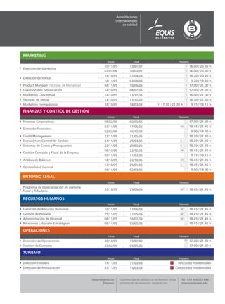 Acreditaciones
                                                             internacionales
                                                                  de calidad




MARKETING
                                                    Inicio                 Final                                    Horario
                                                  10/11/05              13/01/07                                              16.00 / 20.00 h
Dirección de Marketing
                                                  02/02/06              10/03/07                                              16.00 / 20.00 h
                                                  14/10/05              22/04/06                                              16.30 / 20.30 h
Dirección de Ventas
                                                  18/11/05              03/06/06                                               9.30 / 13.30 h
Product Manager (Técnicas de Marketing)           04/11/05              10/06/06                                              17.00 / 21.00 h
Dirección de Comunicación                         14/10/05              08/07/06                                              17.00 / 21.00 h
Marketing Conceptual                              14/10/05              23/12/05                                              16.00 / 21.00 h
Técnicas de Venta                                 14/10/05              23/12/05                                              16.30 / 21.30 h
Marketing Farmacéutico                            28/10/05              18/03/06                   17.30 / 21.30 h             9.15 / 13.15 h

FINANZAS Y CONTROL DE GESTIÓN
                                                    Inicio                 Final                                    Horario
Finanzas Corporativas                             08/02/06              03/05/06                                              17.00 / 21.00 h
                                                  03/11/05              17/06/06                                              18.45 / 21.45 h
Dirección Financiera
                                                  02/02/06              16/12/06                                               9.00 / 14.00 h
Credit Management                                 23/11/05              31/05/06                                              18.30 / 21.30 h
Dirección en Control de Gestión                   04/11/05              29/04/06                                              18.30 / 21.30 h
Sistemas de Costes y Presupuestos                 02/11/05              29/03/06                                              18.30 / 21.30 h
                                                  06/10/05              22/12/05                                              18.45 / 21.45 h
Gestión Contable y Fiscal de la Empresa
                                                  05/11/05              11/03/06                                               9.15 / 13.15 h
Análisis de Balances                              18/10/05              22/12/05                                              18.45 / 21.45 h
                                                  17/10/05              25/01/06                                              18.45 / 21.45 h
Contabilidad General
                                                  05/11/05              02/03/06                                               9.00 / 14.00 h

ENTORNO LEGAL
                                                    Inicio                 Final                                    Horario
Programa de Especialización en Asesoría
Fiscal y Tributaria                               20/10/05              29/06/06                                              18.45 / 21.45 h

RECURSOS HUMANOS
                                                    Inicio                 Final                                    Horario
Dirección de Recursos Humanos                     10/11/05              17/06/06                                              18.45 / 21.45 h
Gestión de Personal                               25/11/05              27/05/06                                              18.45 / 21.45 h
Administración de Personal                        08/11/05              16/02/06                                              18.45 / 21.45 h
Relaciones Laborales Estratégicas                 09/11/05              03/05/06                                              18.45 / 21.45 h

OPERACIONES
                                                    Inicio                 Final                                    Horario
Dirección de Operaciones                          20/10/05              15/07/06                                              17.00 / 21.00 h
Gestión de Compras                                22/02/06              03/05/06                                              17.00 / 21.00 h

TURISMO
                                                    Inicio                 Final                                    Horario
Dirección Hotelera                                14/11/05              31/03/06                                   Seis ciclos residenciales
Dirección de Restauración                         07/11/05              15/03/06                               Cinco ciclos residenciales


                                          Departamento de      Si prefiere que le visitemos en la empresa previa     Tel. +34 934 520 844
                                                  Empresa      concertación de entrevista, contacte con:             empresas@eada.edu
 