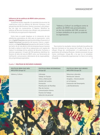 MANAGEMENT


Influencia de las políticas de RRHH sobre procesos,
clientes y finanzas
    El presente estudio responde a la necesidad de encontrar las
implicaciones entre las políticas de Recursos Humanos y tres
perspectivas del CMI (finanzas, clientes y procesos); y de compro-              "Valores y Cultura" se configura como la
bar con rigor sus consecuencias. El objetivo: identificar las                   política de RRHH más pronosticadora
políticas de Recursos Humanos que influyen más positivamente                    en los tres ámbitos del CMI, ya que es
en el éxito de una organización empresarial.                                    la base simbólica en la que se sustenta
                                                                                la organización.
   Dicho éxito se puede desglosar en la interacción de tres
plataformas generadoras de valor para la organización, como
son el Capital Financiero (perspectiva del enfoque financiero); el
Capital Estructural (perspectiva del proceso interno y organi-
zación); y el Capital Relacional (perspectiva del cliente). Se trata,
por tanto, de ver más allá de cómo las empresas buscan maneras              Para mostrar los resultados, hemos clasificado las políticas de
de medir y realizar el valor de sus operaciones y ser capaces de        Recursos Humanos en tres grupos (ver Cuadro 1): las que más
traducir la estrategia de las políticas de Recursos Humanos a           influyen (Grupo α), contribuyendo a la optimización de los
términos operativos. A través del CMI podremos identificar los          parámetros de la empresa (finanzas, clientes y procesos); las que
factores de éxito del área de RRHH como una herramienta de              menos contribuyen, (Grupo Ω); y las que no se consideran
clarificación, comunicación y delimitación de las responsabilida-       influyentes en el desarrollo organizacional, ni a favor ni en contra
des y el aprendizaje organizativo.                                      (Grupo β).



Cuadro 1: POLÍTICAS DE RECURSOS HUMANOS

   POLÍTICAS RRHH QUE MÁS                         POLÍTICAS RRHH INTERMEDIAS                    POLÍTICAS RRHH QUE MENOS
   INFLUYEN (Grupo α)                             (Grupo β)                                     INFLUYEN (Grupo Ω)

   Valores y Cultura                              Liderazgo                                     Relaciones Laborales
                                                  Trabajo en Equipo                             Retribución Salarial
                                                  Clima y Motivación                            Acogida y Desvinculación
                                                  Gestión del cambio                            en la Empresa
                                                  Formación                                     Evaluación del Desempeño
                                                  Planificación de Plantillas                   y del Rendimiento
                                                  Plan de Carrera
                                                  Comunicación Interna
                                                  Puestos de Trabajo
                                                  Selección de personal
 