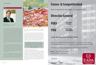 MANAGEMENT



     PERFIL




   Franc Ponti
   Profesor del departamento de dirección
   de personas de EADA.


     Franc Ponti es licenciado en humanidades (UOC) y diplo-
   mado en dirección de personas y en dirección general           que a su vez no pueda ser enteramente copiado. Es importante
   (EADA). Además, es Master en Sociedad del Conocimiento         dominar el proceso de la innovación y ello implica poder expli-
   por la UOC, institución en la que está cursando el programa    carlo.
   de doctorado. Es profesor a plena dedicación del departa-
   mento de dirección de personas de EADA y está especializa-       Para innovar con ciertas garantías de éxito es importante ali-
   do en negociación y conflicto, así como en creatividad e       near las acciones creativas con los objetivos estratégicos, escu-
   innovación. Trabaja con empresas líderes en proyectos de       char a los clientes de forma sistemática, dialogar con los grupos
   consultoría estratégica. En el año 2001 publico La empresa     de interés de nuestra empresa, organizar la comunicación inter-
   creativa (Editorial Granica, 3ª edición), y está a punto de    na para abonar la fertilización cruzada de ideas, sistematizar los
   publicar, junto a Xavier Ferràs, Pasión por innovar con la     procesos de innovación, recompensar la actividad creativa e
   misma editorial. Es también autor de Los caminos de la         innovadora, designar responsables y órganos de gestión de la
   negociación (2ª edición, 2002), ¿Qué hace Buda en mi           innovación y cruzarlos con la estructura organizativa base, des-
   empresa? (2003) y coautor de Ampliando el pastel: tres         burocratizar procesos y, en especial, ilusionar a la gente.
   casos sobre la dinámica de las negociaciones (2004) y Tanto
   creces, tanto vales: propuestas sobre crecimiento personal
   (2005).                                                             Hay que aprender a innovar. ¿Cómo se
                                                                     hace? Simplemente, escuchando a quienes
      Franc Ponti ha aprendido cientos de cosas sobre creativi-
   dad e innovación fijándose en su entorno y en las cosas que
                                                                      han aprendido a hacerlo bien. Abriendo
   le gustan: desde Peter Gabriel hasta los aromas del Body          los ojos y mirando ejemplos de organiza-
   Shop, pasando por la filosofía de Michel Foucault, las des-                   ciones innovadoras.
   concertantes pinturas de Magritte o su gato Cuco. Franc
   Ponti es un apasionado de la diversidad metodológica en la
   formación empresarial. Ha trabajado con músicos, profeso-      Quinta reflexión: ¡Pasión por innovar!
   res de Aikido, monjes budistas, expertos en outdoor trai-         Llegamos al punto clave: la creación de una cultura innovado-
   ning, artistas, etc.                                           ra, donde las personas disfrutan con su trabajo y se apasionan
                                                                  día a día con los nuevos retos. Una empresa sana, en la que los
     Franc Ponti es profesor visitante de un gran número de       problemas e inconvenientes se afrontan sin remilgos y se resuel-
   escuelas y universidades de todo el mundo: Leon Kozminsky      ven de forma creativa. Una organización diferente de las demás,
   (Varsovia), Asian Institute of Technology (Bangkok),           por el brillo de los ojos de sus integrantes, por la calidez de sus
   Audencia (Nantes), Nimbas (Utrecht), Barna (República          sonrisas, por el nerviosismo propio de las grandes aventuras que
   Dominicana), Henley Management College (Londres), etc.         impera por cualquier rincón… Hemos convertido la creatividad
                                                                  y la innovación en hábitos, en características esenciales de nues-
                                                                  tro negocio. Bienvenidos, apasionados. Bienvenidos al reino de
                                                                  la innovación. I



06 I EADAVIEW
 