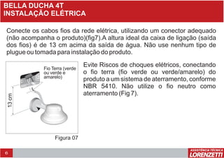 6
BELLA DUCHA 4T
INSTALAÇÃO ELÉTRICA
Conecte os cabos fios da rede elétrica, utilizando um conector adequado
(não acompanha o produto)(fig7).A altura ideal da caixa de ligação (saída
dos fios) é de 13 cm acima da saída de água. Não use nenhum tipo de
plugue ou tomada para instalação do produto.
Evite Riscos de choques elétricos, conectando
o fio terra (fio verde ou verde/amarelo) do
produto a um sistema de aterramento, conforme
NBR 5410. Não utilize o fio neutro como
aterramento (Fig 7).
Figura 07
Fio Terra (verde
ou verde e
amarelo)
13cm
 