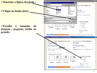 Selecione a figura desejada ; Clique no botão abrir; Escolha o tamanho da imagem : pequeno, médio ou grande; 