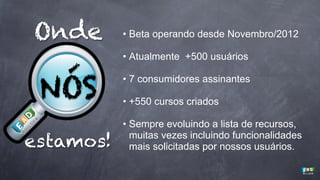 Onde

• Beta operando desde Novembro/2012
• Atualmente +500 usuários

NÓS
estamos!

• 7 consumidores assinantes
• +550 cursos criados
• Sempre evoluindo a lista de recursos,
muitas vezes incluindo funcionalidades
mais solicitadas por nossos usuários.

 