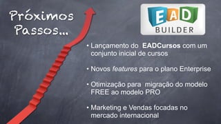 Próximos
Passos...
• Lançamento do EADCursos com um
conjunto inicial de cursos
• Novos features para o plano Enterprise
• Otimização para migração do modelo
FREE ao modelo PRO
• Marketing e Vendas focadas no
mercado internacional

 