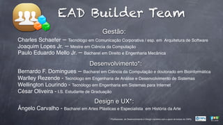 EAD Builder Team
Gestão:
Charles Schaefer – Tecnólogo em Comunicação Corporativa / esp. em Arquitetura de Software
Joaquim Lopes Jr. – Mestre em Ciência da Computação
Paulo Eduardo Mello Jr. – Bacharel em Direito e Engenharia Mecânica

Desenvolvimento*:
Bernardo F. Domingues – Bacharel em Ciência da Computação e doutorado em Bioinformática
Warlley Rezende - Tecnólogo em Engenharia de Análise e Desenvolvimento de Sistemas
Wellington Lourindo - Tecnólogo em Engenharia em Sistemas para Internet
César Oliveira - I.S. Estudante de Graduação

Design e UX*:
Ângelo Carvalho - Bacharel em Artes Plásticas e Especialista

em História da Arte

* Proﬁssionais de Desenvolvimento e Design mantidos com o apoio de bolsas do CNPq

 