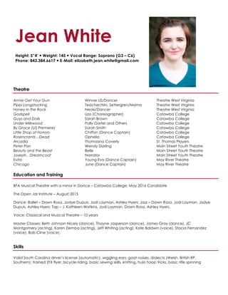 Jean White
Height: 5”4’ — Weight: 145 — Vocal Range: Soprano (G3 – C6)
Phone: 843.384.6617 — E-Mail: elizabeth.jean.white@gmail.com
Theatre
Annie Get Your Gun
Pippi Longstocking
Honey in the Rock
Godspell
Guys and Dolls
Under Milkwood
By Grace (US Premiere)
Little Shop of Horrors
Rosencrantz…Dead
Arcadia
Peter Pan
Beauty and the Beast
Joseph…Dreamcoat
Evita
Chicago
Winnie US/Dancer
Teacher/Mrs. Settergren/Mama
Neoki/Dancer
Uzo (Choreographer)
Sarah Brown
Polly Garter and Others
Sarah Smith
Chiffon (Dance Captain)
Ophelia
Thomasina Coverly
Wendy Darling
Belle
Narrator
Young Eva (Dance Captain)
June (Dance Captain)
Theatre West Virginia
Theatre West Virginia
Theatre West Virginia
Catawba College
Catawba College
Catawba College
Catawba College
Catawba College
Catawba College
St. Thomas Players
Main Street Youth Theatre
Main Street Youth Theatre
Main Street Youth Theatre
May River Theatre
May River Theatre
Education and Training
BFA Musical Theatre with a minor in Dance – Catawba College; May 2016 Candidate
The Open Jar Institute – August 2015
Dance: Ballet – Dawn Rosa, Jodye Dupuis, Jodi Layman, Ashley Hyers; Jazz – Dawn Rosa, Jodi Layman, Jodye
Dupuis, Ashley Hyers; Tap – J. Kathleen Watkins, Jodi Layman, Dawn Rosa, Ashley Hyers.
Voice: Classical and Musical Theatre – 10 years
Master Classes: Beth Johnson Nicely (dance), Thayne Jasperson (dance), James Gray (dance), JC
Montgomery (acting), Karen Ziemba (acting), Jeff Whiting (acting), Kate Baldwin (voice), Stacia Fernandez
(voice), Bob Cline (voice).
Skills
Valid South Carolina driver’s license (automatic), wiggling ears, goat noises, dialects (Welsh, British RP,
Southern), trained ZFX flyer, bicycle riding, basic sewing skills, knitting, hula hoop tricks, basic rifle spinning
 