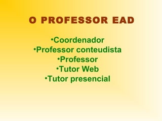 O PROFESSOR EAD

     •Coordenador
•Professor conteudista
       •Professor
      •Tutor Web
   •Tutor presencial
 