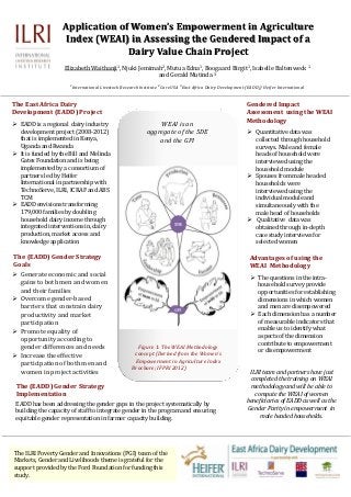 Application of Women’s Empowerment in Agriculture
                    Index (WEAI) in Assessing the Gendered Impact of a
                                 Dairy Value Chain Project
                    Elizabeth Waithanji1, Njuki Jemimah2, Mutua Edna1, Boogaard Birgit1, Isabelle Baltenweck 1
                                                      and Gerald Mutinda 3
                      1International   Livestock Research Institute 2Care USA 3East Africa Dairy Development (EADD)/ Heifer International


The East Africa Dairy                                                                                        Gendered Impact
Development (EADD) Project                                                                                   Assessment using the WEAI
                                                                 WEAI is an                                  Methodology
 EADD is a regional dairy industry
  development project (2008-2012)                            aggregate of the 5DE                             Quantitative data was
  that is implemented in Kenya,                                  and the GPI                                   collected through household
  Uganda and Rwanda                                                                                            surveys. Male and female
 It is funded by the Bill and Melinda                                                                         heads of household were
  Gates Foundation and is being                                                                                interviewed using the
  implemented by a consortium of                                                                               household module
  partners led by Heifer                                                                                      Spouses from male headed
  International in partnership with                                                                            households were
  TechnoServe, ILRI, ICRAF and ABS                                                                             interviewed using the
  TCM                                                                                                          individual module and
 EADD envisions transforming                                                                                  simultaneously with the
  179,000 families by doubling                                                                                 male head of households
  household dairy income through                                                                              Qualitative data was
  integrated interventions in, dairy                                                                           obtained through in-depth
  production, market access and                                                                                case study interviews for
  knowledge application                                                                                        selected women

The (EADD) Gender Strategy                                                                                    Advantages of using the
Goals                                                                                                         WEAI Methodology
 Generate economic and social                                                                                 The questions in the intra-
  gains to both men and women                                                                                   household survey provide
  and their families                                                                                            opportunities for establishing
 Overcome gender-based                                                                                         dimensions in which women
  barriers that constrain dairy                                                                                 and men are disempowered
  productivity and market                                                                                      Each dimension has a number
  participation                                                                                                 of measurable indicators that
 Promote equality of                                                                                           enable us to identify what
                                                                                                                aspects of the dimension
  opportunity according to
                                                                                                                contribute to empowerment
  gender differences and needs                          Figure 1: The WEAI Methodology
                                                                                                                or disempowerment
 Increase the effective                               concept (Derived from the Women’s
                                                       Empowerment in Agriculture Index
  participation of both men and
                                                      Brochure; IFPRI 2012)
  women in project activities                                                                                 ILRI team and partners have just
                                                                                                               completed the training on WEAI
 The (EADD) Gender Strategy                                                                                    methodology and will be able to
 Implementation                                                                                                 compute the WEAI of women
 EADD has been addressing the gender gaps in the project systematically by                                   beneficiaries of EADD as well as the
 building the capacity of staff to integrate gender in the program and ensuring                              Gender Parity in empowerment in
 equitable gender representation in farmer capacity building.                                                     male headed households.




The ILRI Poverty Gender and Innovations (PGI) team of the
Markets, Gender and Livelihoods theme is grateful for the
support provided by the Ford Foundation for funding this
study.
 