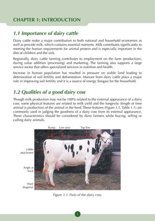 CHAPTER 1: INTRODUCTION

1.1 Importance of dairy cattle
Dairy cattle make a major contribution to both national and household economies as
well as provide milk, which contains essential nutrients. Milk contributes significantly to
meeting the human requirements for animal protein and is especially important in the
diet of children and the sick.
Regionally, dairy cattle farming contributes to employment on the farm (production),
during value addition (processing) and marketing. The farming also supports a large
service sector that offers specialized services in nutrition and health.
Increase in human population has resulted in pressure on arable land leading to
deterioration of soil fertility and deforestation. Manure from dairy cattle plays a major
role in improving soil fertility and it is a source of energy (biogas) for the household.


1.2 Qualities of a good dairy cow
Though milk production may not be 100% related to the external appearance of a dairy
cow, some physical features are related to milk yield and the longevity (length of time
animal is productive) of the animal in the herd. These features (Figure 1.1, Table 1.1) are
commonly used in judging the goodness of a dairy cow from its external appearance.
These characteristics should be considered by dairy farmers while buying, selling or
culling dairy animals.

                        Rump    Loin area       Top line




         Udder
    attachment




       Angle at
         hock



         Hoof
      diagonal

                            Figure 1.1. Parts of the dairy cow.




                                            1
 