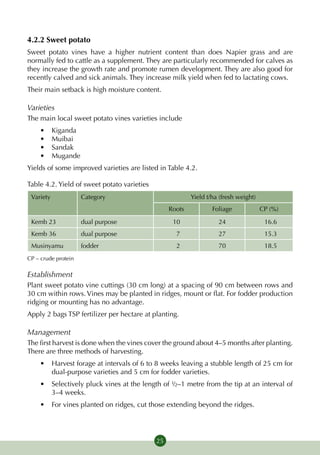4.2.2 Sweet potato
Sweet potato vines have a higher nutrient content than does Napier grass and are
normally fed to cattle as a supplement. They are particularly recommended for calves as
they increase the growth rate and promote rumen development. They are also good for
recently calved and sick animals. They increase milk yield when fed to lactating cows.
Their main setback is high moisture content.

Varieties
The main local sweet potato vines varieties include
    •	     Kiganda
    •	     Muibai
    •	     Sandak
    •	     Mugande
Yields of some improved varieties are listed in Table 4.2.

Table 4.2. Yield of sweet potato varieties
 Variety             Category                             Yield t/ha (fresh weight)
                                                  Roots           Foliage             CP (%)

 Kemb 23             dual purpose                  10               24                 16.6
 Kemb 36             dual purpose                   7               27                 15.3
 Musinyamu           fodder                         2               70                 18.5
CP – crude protein

Establishment
Plant sweet potato vine cuttings (30 cm long) at a spacing of 90 cm between rows and
30 cm within rows. Vines may be planted in ridges, mount or flat. For fodder production
ridging or mounting has no advantage.
Apply 2 bags TSP fertilizer per hectare at planting.

Management
The first harvest is done when the vines cover the ground about 4–5 months after planting.
There are three methods of harvesting.
    •	 Harvest forage at intervals of 6 to 8 weeks leaving a stubble length of 25 cm for
       dual-purpose varieties and 5 cm for fodder varieties.
    •	 Selectively pluck vines at the length of ½–1 metre from the tip at an interval of
       3–4 weeks.
    •	 For vines planted on ridges, cut those extending beyond the ridges.




                                             25
 