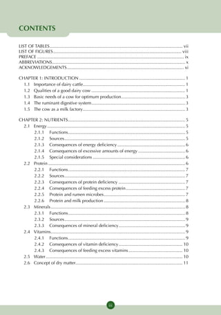 CONTENTS

LIST OF TABLES............................................................................................................. vii
LIST OF FIGURES......................................................................................................... viii
PREFACE........................................................................................................................ ix
ABBREVIATIONS............................................................................................................. x
ACKNOWLEDGEMENTS................................................................................................ xi

CHAPTER 1: INTRODUCTION....................................................................................... 1
  1.1 	Importance of dairy cattle................................................................................... 1
  1.2 	 Qualities of a good dairy cow............................................................................. 1
  1.3 	 Basic needs of a cow for optimum production..................................................... 3
  1.4 	The ruminant digestive system............................................................................. 3
  1.5 	The cow as a milk factory.................................................................................... 3

CHAPTER 2: NUTRIENTS................................................................................................ 5
  2.1 	 Energy................................................................................................................. 5
        2.1.1	Functions................................................................................................ 5
        2.1.2 	Sources................................................................................................... 5
        2.1.3 	Consequences of energy deficiency........................................................ 6
        2.1.4 	Consequences of excessive amounts of energy....................................... 6
        2.1.5 	Special considerations............................................................................ 6
  2.2 	Protein................................................................................................................ 6
        2.2.1 	Functions................................................................................................ 7
        2.2.2 	Sources................................................................................................... 7
        2.2.3 	Consequences of protein deficiency....................................................... 7
        2.2.4 	Consequences of feeding excess protein................................................. 7
        2.2.5 	Protein and rumen microbes................................................................... 7
        2.2.6 	Protein and milk production................................................................... 8
  2.3 	Minerals.............................................................................................................. 8
        2.3.1 	Functions................................................................................................ 8
        2.3.2 	Sources................................................................................................... 9
        2.3.3 	Consequences of mineral deficiency....................................................... 9
  2.4 	Vitamins.............................................................................................................. 9
        2.4.1 	Functions................................................................................................ 9
        2.4.2 	Consequences of vitamin deficiency..................................................... 10
        2.4.3 	Consequences of feeding excess vitamins............................................. 10
  2.5 	 Water................................................................................................................ 10
  2.6 	Concept of dry matter....................................................................................... 11




                                                                    iii
 