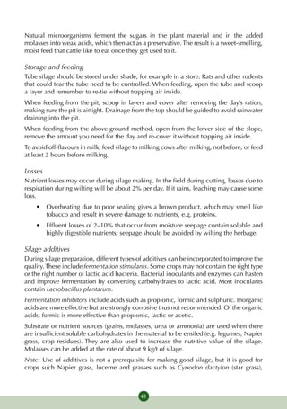 Natural microorganisms ferment the sugars in the plant material and in the added
molasses into weak acids, which then act as a preservative. The result is a sweet-smelling,
moist feed that cattle like to eat once they get used to it.

Storage and feeding
Tube silage should be stored under shade, for example in a store. Rats and other rodents
that could tear the tube need to be controlled. When feeding, open the tube and scoop
a layer and remember to re-tie without trapping air inside.
When feeding from the pit, scoop in layers and cover after removing the day’s ration,
making sure the pit is airtight. Drainage from the top should be guided to avoid rainwater
draining into the pit.
When feeding from the above-ground method, open from the lower side of the slope,
remove the amount you need for the day and re-cover it without trapping air inside.
To avoid off-flavours in milk, feed silage to milking cows after milking, not before, or feed
at least 2 hours before milking.

Losses
Nutrient losses may occur during silage making. In the field during cutting, losses due to
respiration during wilting will be about 2% per day. If it rains, leaching may cause some
loss.
    •	 Overheating due to poor sealing gives a brown product, which may smell like
       tobacco and result in severe damage to nutrients, e.g. proteins.
    •	 Effluent losses of 2–10% that occur from moisture seepage contain soluble and
       highly digestible nutrients; seepage should be avoided by wilting the herbage.

Silage additives
During silage preparation, different types of additives can be incorporated to improve the
quality. These include fermentation stimulants. Some crops may not contain the right type
or the right number of lactic acid bacteria. Bacterial inoculants and enzymes can hasten
and improve fermentation by converting carbohydrates to lactic acid. Most inoculants
contain Lacto­bacillus plantarum.
Fermentation inhibitors include acids such as propionic, formic and sul­ huric. Inorganic
                                                                       p
acids are more effective but are strongly corrosive thus not recommended. Of the organic
acids, formic is more effective than propionic, lactic or acetic.
Substrate or nutrient sources (grains, molasses, urea or ammonia) are used when there
are insufficient soluble carbohydrates in the material to be ensiled (e.g. legumes, Napier
grass, crop residues). They are also used to increase the nutritive value of the silage.
Molasses can be added at the rate of about 9 kg/t of silage.
Note: Use of additives is not a prerequisite for making good silage, but it is good for
crops such Napier grass, lucerne and grasses such as Cynodon dactylon (star grass),



                                             41
 