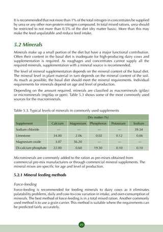 It is recommended that not more than 1% of the total nitrogen in concentrates be supplied
by urea or any other non-protein nitrogen compound. In total mixed rations, urea should
be restricted to not more than 0.5% of the diet (dry matter basis). More than this may
make the feed unpalatable and reduce feed intake.


5.2 Minerals
Minerals make up a small portion of the diet but have a major functional contribution.
Often their content in the basal diet is inadequate for high-producing dairy cows and
supplementation is required. As roughages and concentrates cannot supply all the
required minerals, supplementation with a mineral source is recommended.
The level of mineral supplementation depends on the mineral content of the basal diet.
The mineral level in plant material in turn depends on the mineral content of the soil.
As much as possible, the basal diet should meet the mineral requirements. Individual
requirements for minerals depend on age and level of production.
Depending on the amount required, minerals are classified as macrominerals (g/day)
or microminerals (mg/day or ppm). Table 5.3 shows some of the most commonly used
sources for the macrominerals.


Table 5.3. Typical levels of minerals in commonly used supplements
                                                Dry matter (%)
 Supplement             Calcium     Magnesium     Phosphorus     Potassium    Sodium
 Sodium chloride            —            —             —             —         39.34
 Limestone                34.00         2.06         0.02          0.12         0.06
 Magnesium oxide           3.07        56.20           —             —           —
 Di-calcium phosphate     22.00         0.60        19.30          0.10         0.10


Microminerals are commonly added to the ration as pre-mixes obtained from
commercial pre-mix manufacturers or through commercial mineral supplements. The
mineral mixes are specific for age and level of production.

5.2.1 Mineral feeding methods

Force-feeding
Force-feeding is recommended for feeding minerals to dairy cows as it eliminates
palatability problems, daily and cow-to-cow variation in intake, and over-consumption of
minerals. The best method of force-feeding is in a total mixed ration. Another commonly
used method is to use a grain carrier. This method is suitable where the requirements can
be predicted fairly accurately.



                                           49
 