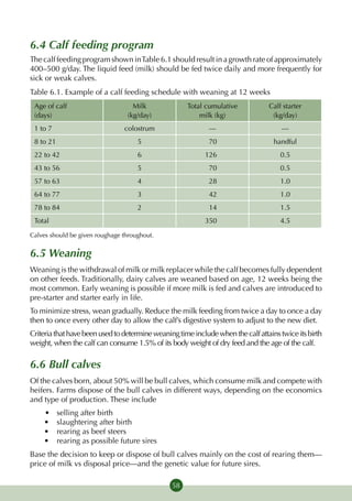 6.4 Calf feeding program
The calf feeding program shown in Table 6.1 should result in a growth rate of approximately
400–500 g/day. The liquid feed (milk) should be fed twice daily and more frequently for
sick or weak calves.
Table 6.1. Example of a calf feeding schedule with weaning at 12 weeks
 Age of calf                       Milk              Total cumula­tive           Calf starter
 (days)                          (kg/day)                milk (kg)                (kg/day)
 1 to 7                         colostrum                    —                        —
 8 to 21                             5                       70                    handful
 22 to 42                            6                     126                       0.5
 43 to 56                            5                       70                      0.5
 57 to 63                            4                       28                      1.0
 64 to 77                            3                       42                      1.0
 78 to 84                            2                       14                      1.5
 Total                                                     350                       4.5

Calves should be given roughage throughout.


6.5 Weaning
Weaning is the withdrawal of milk or milk replacer while the calf becomes fully dependent
on other feeds. Traditionally, dairy calves are weaned based on age, 12 weeks being the
most common. Early weaning is possible if more milk is fed and calves are introduced to
pre-starter and starter early in life.
To minimize stress, wean gradually. Reduce the milk feeding from twice a day to once a day
then to once every other day to allow the calf’s digestive system to adjust to the new diet.
Criteria that have been used to determine weaning time include when the calf attains twice its birth
weight, when the calf can consume 1.5% of its body weight of dry feed and the age of the calf.

6.6 Bull calves
Of the calves born, about 50% will be bull calves, which consume milk and compete with
heifers. Farms dispose of the bull calves in different ways, depending on the economics
and type of production. These include
    •	     selling after birth
    •	     slaughtering after birth
    •	     rearing as beef steers
    •	     rearing as possible future sires
Base the decision to keep or dispose of bull calves mainly on the cost of rearing them—
price of milk vs disposal price—and the genetic value for future sires.

                                                58
 