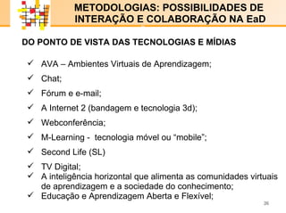 E-LENARNING   AVA – Ambientes Virtuais de Aprendizagem; Chat; Fórum e e-mail; A Internet 2 (bandagem e tecnologia 3d);  Webconferência; M-Learning -  tecnologia móvel ou “mobile”; Second Life (SL) TV Digital; A inteligência horizontal que alimenta as comunidades virtuais de aprendizagem e a sociedade do conhecimento; Educação e Aprendizagem Aberta e Flexível; METODOLOGIAS: POSSIBILIDADES DE  INTERAÇÃO E COLABORAÇÃO NA EaD DO PONTO DE VISTA DAS TECNOLOGIAS E MÍDIAS x x 