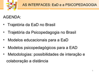 E-LENARNING   AGENDA: Trajetória da EaD no Brasil Trajetória da Psicopedagogia no Brasil Modelos educacionais para a EaD  Modelos psicopedagógicos para a EAD  Metodologias: possibilidades de interação e colaboração a distância  AS INTERFACES: EaD e a PSICOPEDAGOGIA x x 