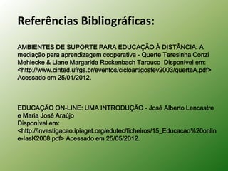Referências Bibliográficas:
AMBIENTES DE SUPORTE PARA EDUCAÇÃO À DISTÂNCIA: A
mediação para aprendizagem cooperativa - Querte Teresinha Conzi
Mehlecke & Liane Margarida Rockenbach Tarouco Disponível em:
<http://www.cinted.ufrgs.br/eventos/cicloartigosfev2003/querteA.pdf>
Acessado em 25/01/2012.



EDUCAÇÃO ON-LINE: UMA INTRODUÇÃO - José Alberto Lencastre
e Maria José Araújo
Disponível em:
<http://investigacao.ipiaget.org/edutec/ficheiros/15_Educacao%20onlin
e-IasK2008.pdf> Acessado em 25/05/2012.
 