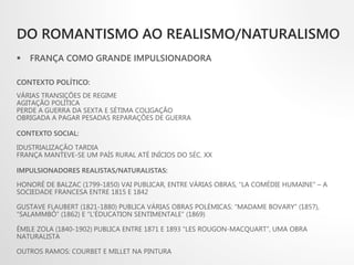DO ROMANTISMO AO REALISMO/NATURALISMO
 FRANÇA COMO GRANDE IMPULSIONADORA
CONTEXTO POLÍTICO:
VÁRIAS TRANSIÇÕES DE REGIME
AGITAÇÃO POLÍTICA
PERDE A GUERRA DA SEXTA E SÉTIMA COLIGAÇÃO
OBRIGADA A PAGAR PESADAS REPARAÇÕES DE GUERRA
CONTEXTO SOCIAL:
IDUSTRIALIZAÇÃO TARDIA
FRANÇA MANTEVE-SE UM PAÍS RURAL ATÉ INÍCIOS DO SÉC. XX
IMPULSIONADORES REALISTAS/NATURALISTAS:
HONORÉ DE BALZAC (1799-1850) VAI PUBLICAR, ENTRE VÁRIAS OBRAS, “LA COMÉDIE HUMAINE” – A
SOCIEDADE FRANCESA ENTRE 1815 E 1842
GUSTAVE FLAUBERT (1821-1880) PUBLICA VÁRIAS OBRAS POLÉMICAS: “MADAME BOVARY” (1857),
“SALAMMBÔ” (1862) E “L'ÉDUCATION SENTIMENTALE” (1869)
ÉMILE ZOLA (1840-1902) PUBLICA ENTRE 1871 E 1893 “LES ROUGON-MACQUART”, UMA OBRA
NATURALISTA
OUTROS RAMOS: COURBET E MILLET NA PINTURA
 