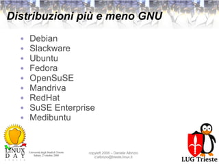 Distribuzioni più e meno GNU Debian Slackware Ubuntu Fedora OpenSuSE Mandriva RedHat SuSE Enterprise Medibuntu 