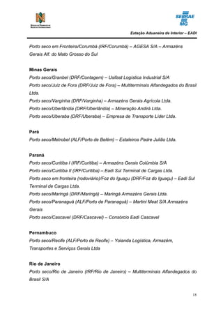 Estação Aduaneira de Interior – EADI


Porto seco em Fronteira/Corumbá (IRF/Corumbá) – AGESA S/A – Armazéns
Gerais Alf. do Mato Grosso do Sul


Minas Gerais
Porto seco/Granbel (DRF/Contagem) – Usifast Logística Industrial S/A
Porto seco/Juiz de Fora (DRF/Juiz de Fora) – Multiterminais Alfandegados do Brasil
Ltda.
Porto seco/Varginha (DRF/Varginha) – Armazéns Gerais Agrícola Ltda.
Porto seco/Uberlândia (DRF/Uberlândia) – Mineração Andirá Ltda.
Porto seco/Uberaba (DRF/Uberaba) – Empresa de Transporte Líder Ltda.


Pará
Porto seco/Metrobel (ALF/Porto de Belém) – Estaleiros Padre Julião Ltda.


Paraná
Porto seco/Curitiba I (IRF/Curitiba) – Armazéns Gerais Colúmbia S/A
Porto seco/Curitiba II (IRF/Curitiba) – Eadi Sul Terminal de Cargas Ltda.
Porto seco em fronteira (rodoviário)/Foz do Iguaçu (DRF/Foz do Iguaçu) – Eadi Sul
Terminal de Cargas Ltda.
Porto seco/Maringá (DRF/Maringá) – Maringá Armazéns Gerais Ltda.
Porto seco/Paranaguá (ALF/Porto de Paranaguá) – Martini Meat S/A Armazéns
Gerais
Porto seco/Cascavel (DRF/Cascavel) – Consórcio Eadi Cascavel


Pernambuco
Porto seco/Recife (ALF/Porto de Recife) – Yolanda Logística, Armazém,
Transportes e Serviços Gerais Ltda


Rio de Janeiro
Porto seco/Rio de Janeiro (IRF/Rio de Janeiro) – Multiterminais Alfandegados do
Brasil S/A


                                                                                    18
 