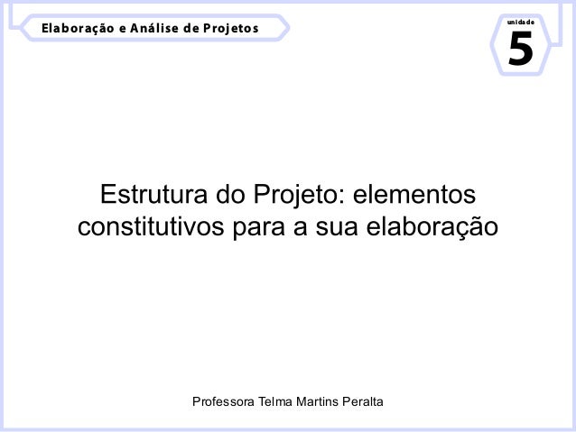 Elaboração e Análise de Projetos
unidade
5
Professora Telma Martins Peralta
 