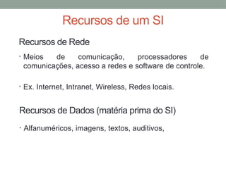 Recursos de Rede
• Meios de comunicação, processadores de
comunicações, acesso a redes e software de controle.
• Ex. Internet, Intranet, Wireless, Redes locais.
Recursos de Dados (matéria prima do SI)
• Alfanuméricos, imagens, textos, auditivos,
Recursos de um SI
 