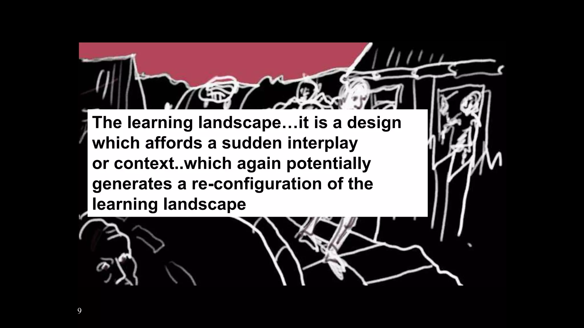 9
Learning Landscape
The learning landscape…it is a design
which affords a sudden interplay
or context..which again potentially
generates a re-configuration of the
learning landscape
 