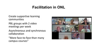 Facilitation in ONL
Create supportive learning
communities
PBL groups with 2 video
meetings per week
Asynchronous and sync...