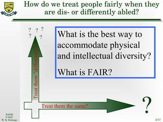 How do we treat people fairly when they are dis- or differently abled? What is the best way to accommodate physical and intellectual diversity? What is FAIR? Treat them the same? Treat them “differently”? ? ? ? ? ? ? 
