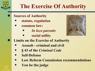 The Exercise Of Authority Sources of Authority statute, regulation common law: In loco parentis social utility Limits on the Exercise of Authority Assault - criminal and civil § 43 of the  Criminal Code Self-Defense Law Reform Commission recommendations You be the judge 