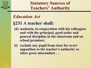 Statutory Sources of Teachers’ Authority Education Act §231 A teacher shall: (d) maintain, in cooperation with his colleagues and with the principal, good order and general discipline in the classroom and on school premises; (i) exclude any pupil from class for overt opposition to the teacher’s authority or other gross misconduct . . .  