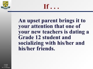 If . . .  An upset parent brings it to your attention that one of your new teachers is dating a Grade 12 student and socializing with his/her and his/her friends. 