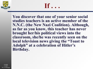 If . . . You discover that one of your senior social studies teachers is an active member of the N.N.C. (the New Nazi Coalition). Although, as far as you know, this teacher has never brought her/his political views into the classroom, she/he was recently seen on the local television news giving the “Toast to Adolph” at a celebration of Hitler’s Birthday. 