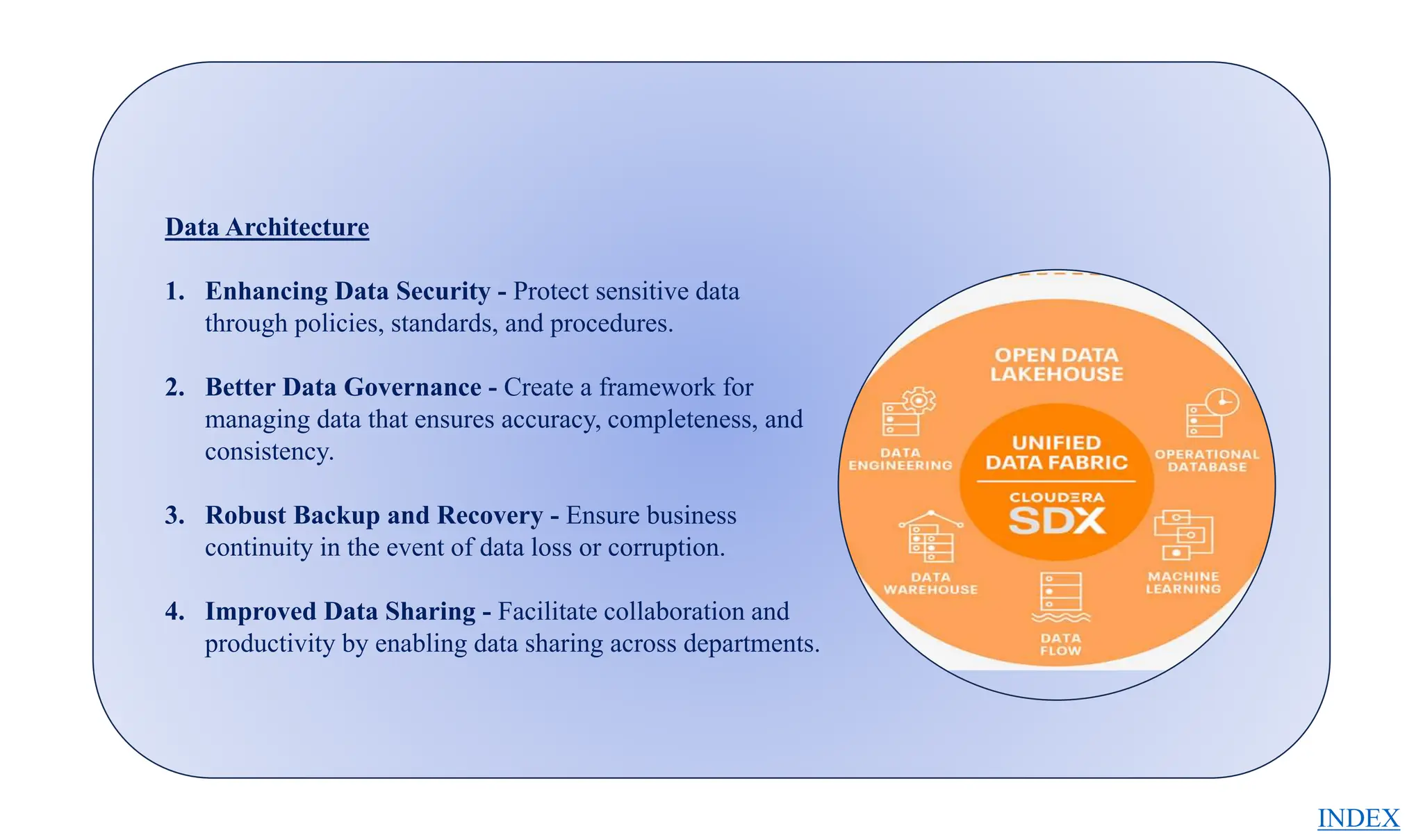 Data Architecture
1. Enhancing Data Security - Protect sensitive data
through policies, standards, and procedures.
2. Better Data Governance - Create a framework for
managing data that ensures accuracy, completeness, and
consistency.
3. Robust Backup and Recovery - Ensure business
continuity in the event of data loss or corruption.
4. Improved Data Sharing - Facilitate collaboration and
productivity by enabling data sharing across departments.
INDEX
 