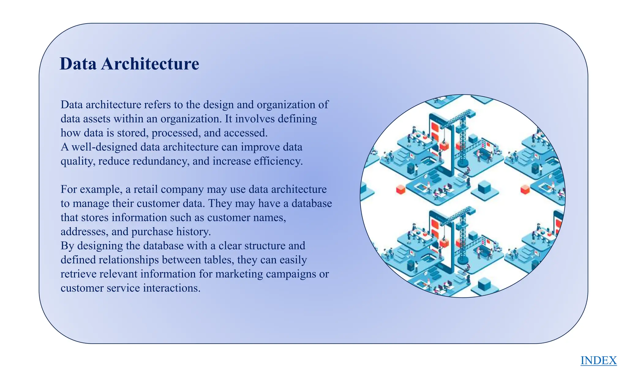 Data Architecture
Data architecture refers to the design and organization of
data assets within an organization. It involves defining
how data is stored, processed, and accessed.
A well-designed data architecture can improve data
quality, reduce redundancy, and increase efficiency.
For example, a retail company may use data architecture
to manage their customer data. They may have a database
that stores information such as customer names,
addresses, and purchase history.
By designing the database with a clear structure and
defined relationships between tables, they can easily
retrieve relevant information for marketing campaigns or
customer service interactions.
INDEX
 