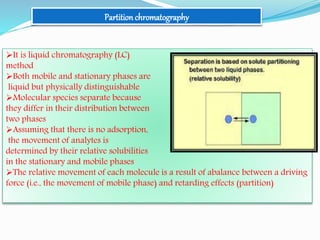 Partition chromatography
It is liquid chromatography (LC)
method
Both mobile and stationary phases are
liquid but physically distinguishable
Molecular species separate because
they differ in their distribution between
two phases
Assuming that there is no adsorption,
the movement of analytes is
determined by their relative solubilities
in the stationary and mobile phases
The relative movement of each molecule is a result of abalance between a driving
force (i.e., the movement of mobile phase) and retarding effects (partition)
 