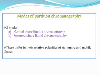 2 modes
a) Normal phase liquid chromatography
b) Reversed phase liquid chromatography
These differ in their relative polarities of stationary and mobile
phases
 