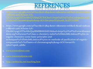 1. https://www.google.com/url?sa=t&rct=j&q=&esrc=s&source=web&cd=&cad=rja&uac
t=8&ved=2ahUKEwim-I7X-
ZXtAhU1yzgGHTSoAR0QFjAJegQICRAC&url=https%3A%2F%2Fen.wikipedia.org%
2Fwiki%2FChromatography&usg=AOvVaw3m5vSX36x2uh_Iw5DYWH8G
2. https://www.google.com/url?sa=t&rct=j&q=&esrc=s&source=web&cd=&cad=rja&uac
t=8&ved=2ahUKEwim-I7X-
ZXtAhU1yzgGHTSoAR0Qt9IBMBR6BAhKEAk&url=https%3A%2F%2Fwww.khanaca
demy.org%2Fscience%2Fclass-11-chemistry-india%2Fxfbb6cb8fc2bd00c8%3Ain-in-
organic-chemistry-some-basic-principles-and-
techniques%2Fxfbb6cb8fc2bd00c8%3Ain-in-methods-of-purification-of-organic-
compounds%2Fv%2Fbasics-of-chromatography&usg=AOvVaw1eeVA-
i5ItmVxpwb_ajhBw
3. www.sciencedirect.com
4. www.onecentralpress.com
5. http://stobiecka.net/teaching.htm
 
