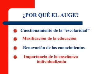 ¿POR QUÉ EL AUGE? Cuestionamiento de la “escolaridad” Masificación de la educación Renovación de los conocimientos Importancia de la enseñanza  individualizada 