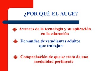 ¿POR QUÉ EL AUGE? Avances de la tecnología y su aplicación en la educación Demandas de estudiantes adultos  que trabajan Comprobación de que se trata de una modalidad pertinente  
