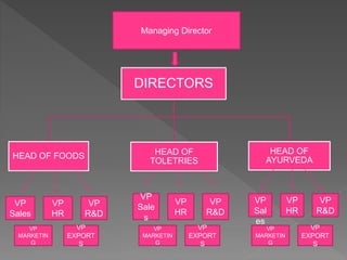 Managing Director
VP
Sales
VP
HR
VP
R&D
VP
Sale
s
VP
HR
VP
R&D
VP
Sal
es
VP
HR
VP
R&D
DIRECTORS
HEAD OF FOODS HEAD OF
TOLETRIES
HEAD OF
AYURVEDA
VP
MARKETIN
G
VP
EXPORT
S
VP
MARKETIN
G
VP
EXPORT
S
VP
MARKETIN
G
VP
EXPORT
S
 