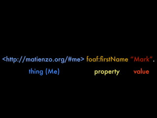 <http://matienzo.org/#me> foaf:ﬁrstName “Mark”.
        thing (Me)          property    value
 