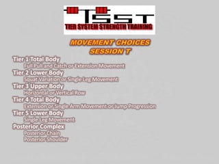 Tier 1 Total Body
Full Pull and Catch or Extension Movement
Tier 2 Lower Body
Squat Variation or Single Leg Movement
Tier 3 Upper Body
Horizontal or Vertical Row
Tier 4 Total Body
Extension or Single Arm Movement or Jump Progression
Tier 5 Lower Body
Single Leg Movement
Posterior Complex
Posterior Chain
Posterior Shoulder
 
