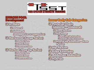  In Place
 Bilateral
 Unilateral
(unsupportive or supportive)
 Horizontal (Lunge Series)
 Sagittal Plane
 Frontal Plane
 Transverse Plane
 Vertical (Step Up Series)
 Sagittal Plane
 Frontal Plane
 Transverse Plane
 Posterior Chain
(bilateral – unilateral)
 Knee Flexion
 Hip Hinge
 Bent Leg Hip Extension
 Straight Leg Hip Extension
 Hybrid Hip Extension – Knee
Flexion
 Hip Flexion
 Knee Extension
 Adduction/Abduction
 Hybrids
 